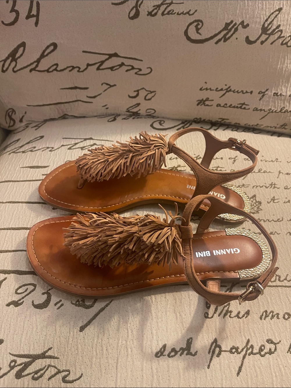 Gianni Bini Tan Fringe T-Strap Sandals with Gold Heel Detail - Picture 2 of 7